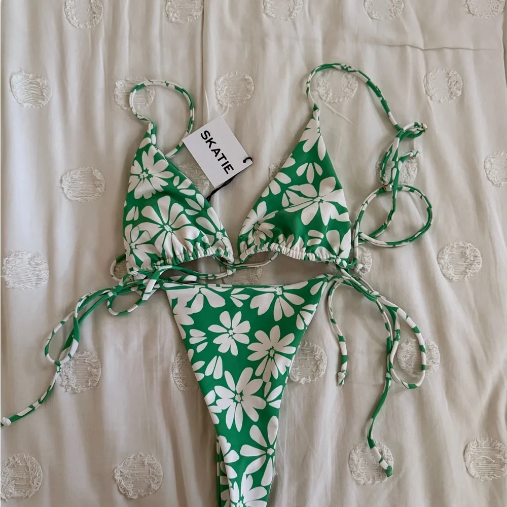 Skatie Green and White Floral String Bikini - Picture 1 of 11